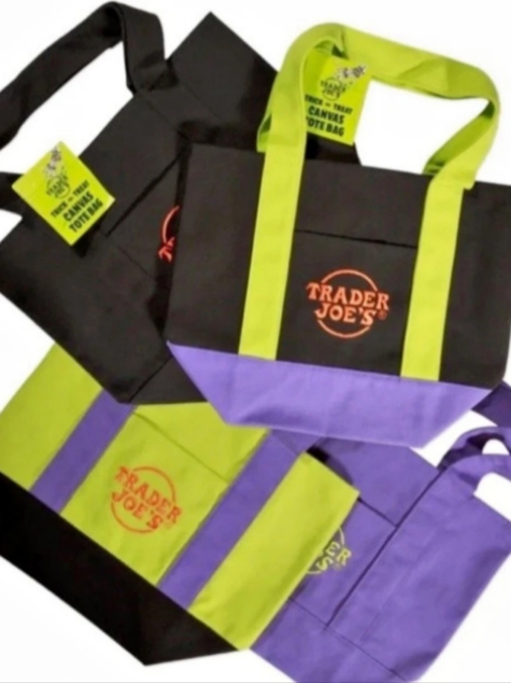 2026 Trader Joe's Trick-or-Treat Mini Canvas Tote Bag Black & Purple Set Of 4